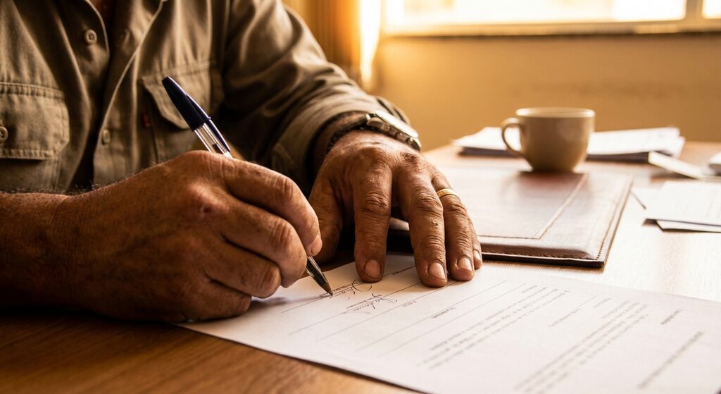 Trabalhador assinando carta de rescisão sobre mesa