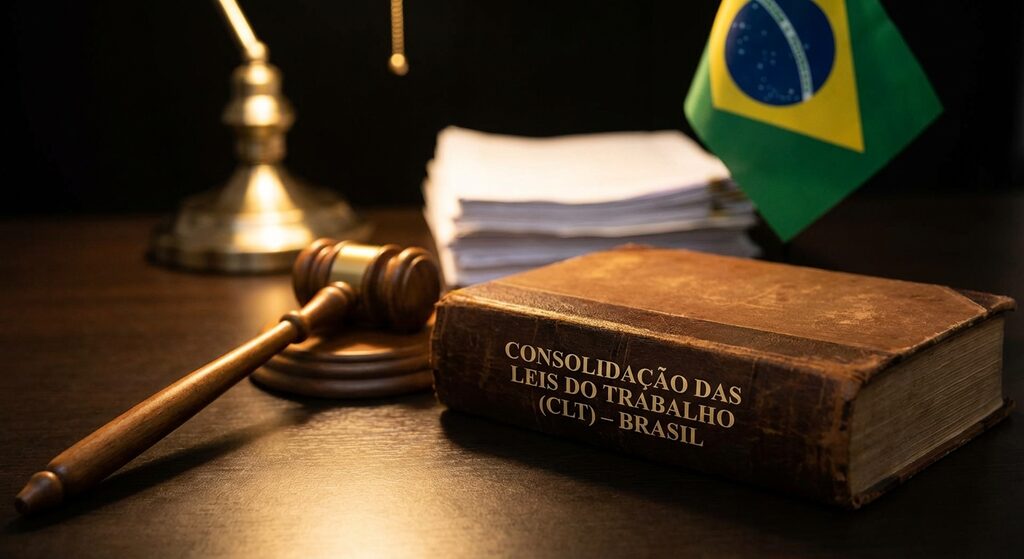 Livro da CLT aberto sobre mesa de juiz com martelo