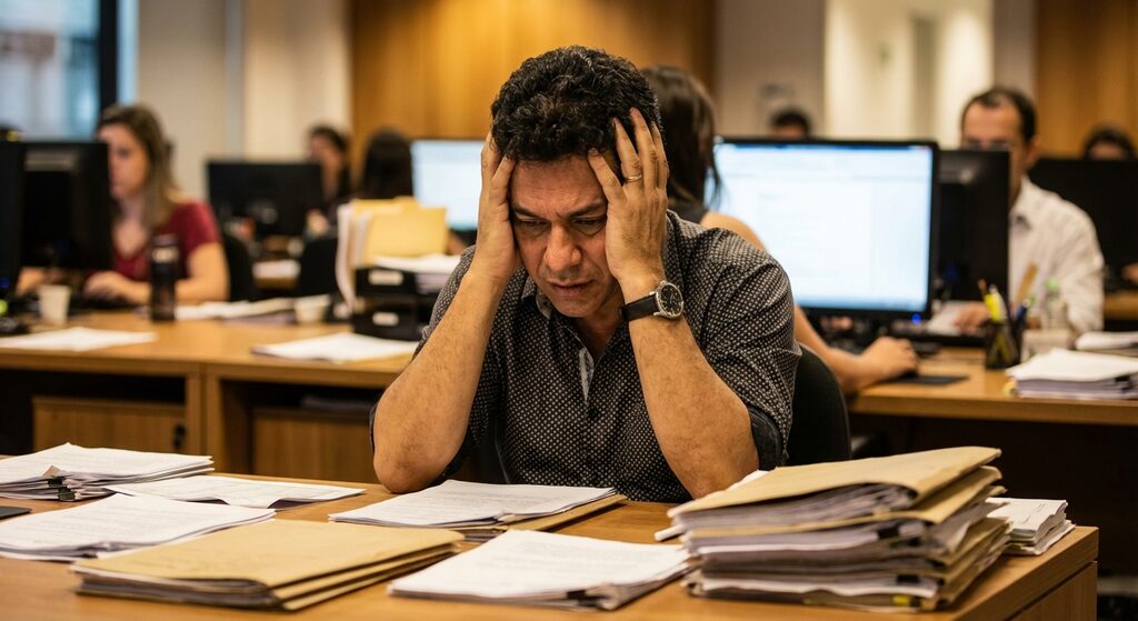 Trabalhador estressado revisando contrato de trabalho em escritório