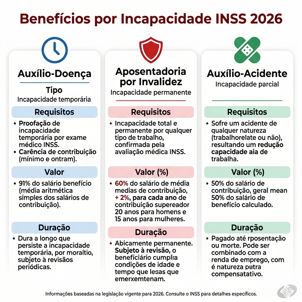 Comparativo dos benefícios por incapacidade do INSS em 2026
