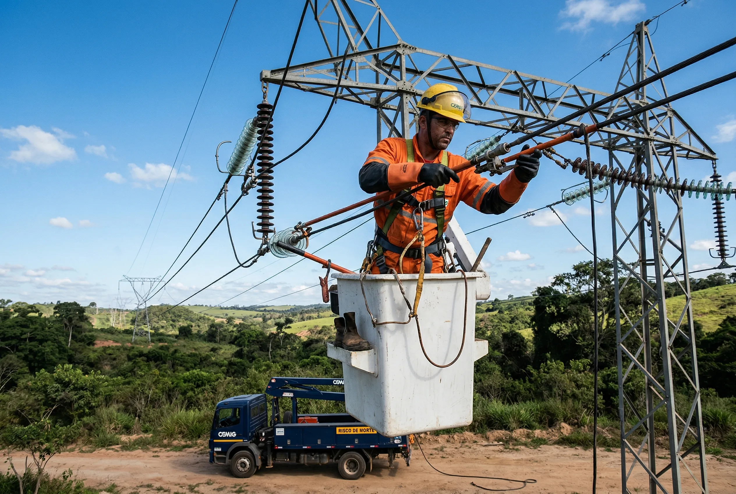 Eletricista de linha viva trabalhando em rede de distribuição