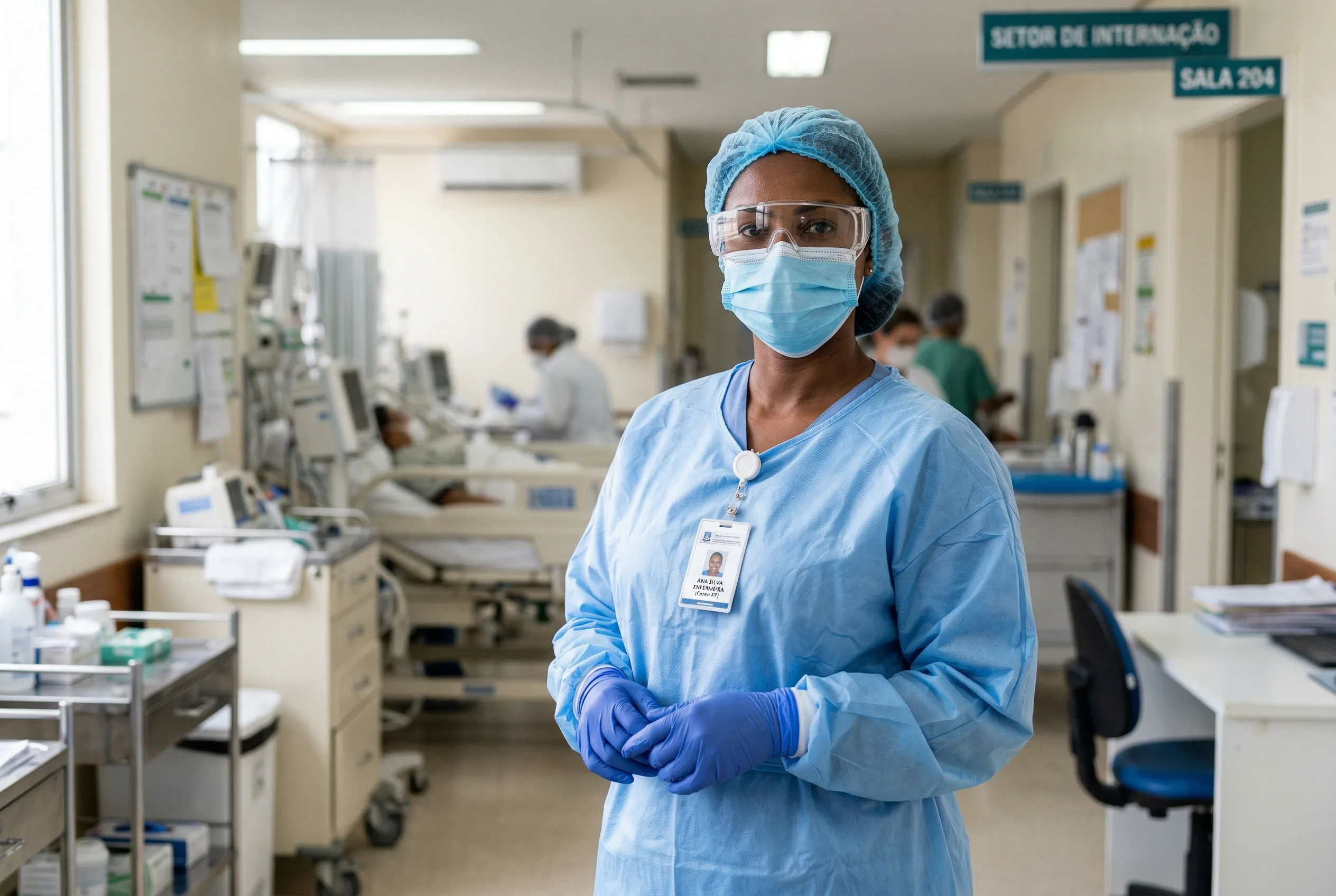 Enfermeiro com EPI em ambiente clínico
