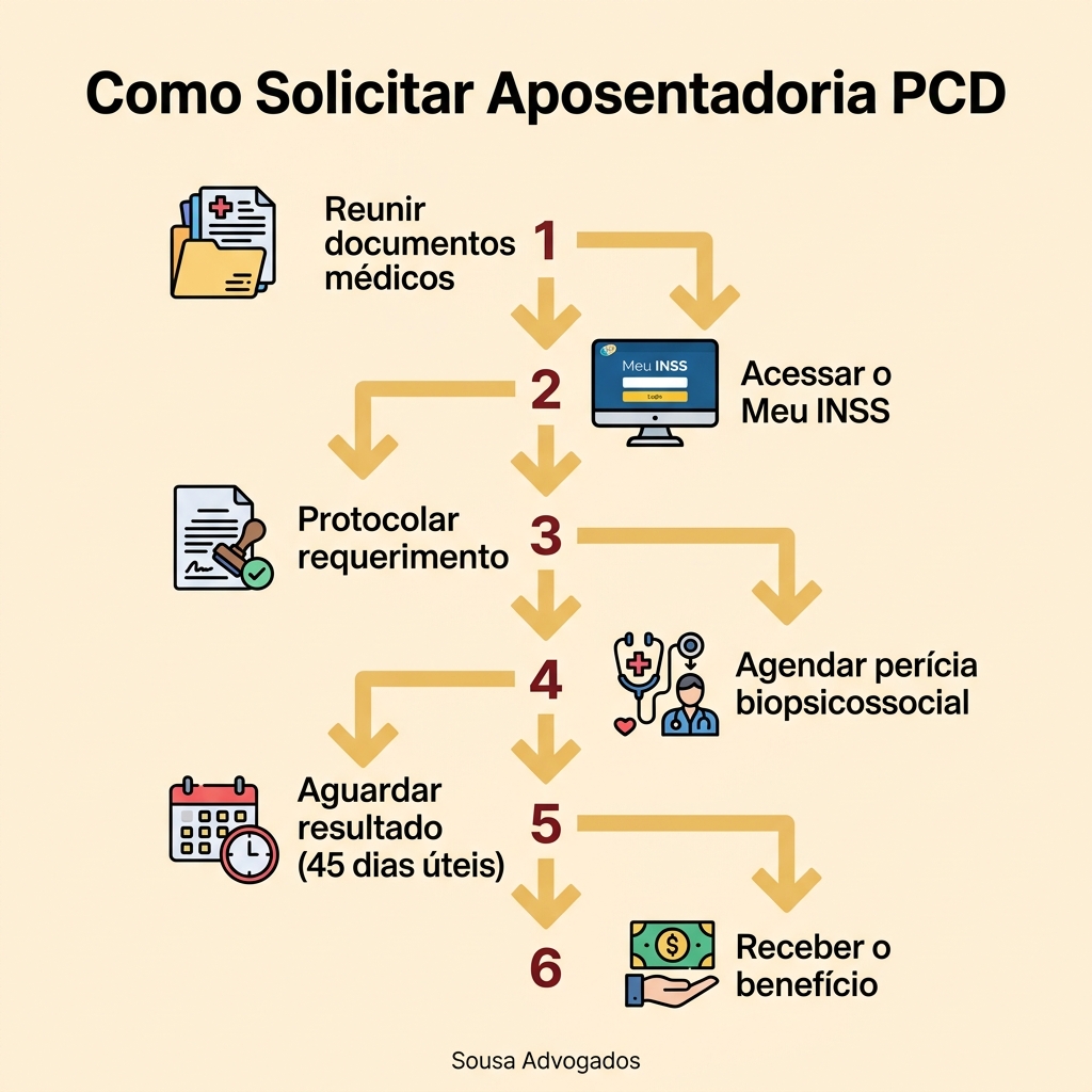 Fluxograma com os passos para solicitar aposentadoria PCD no INSS