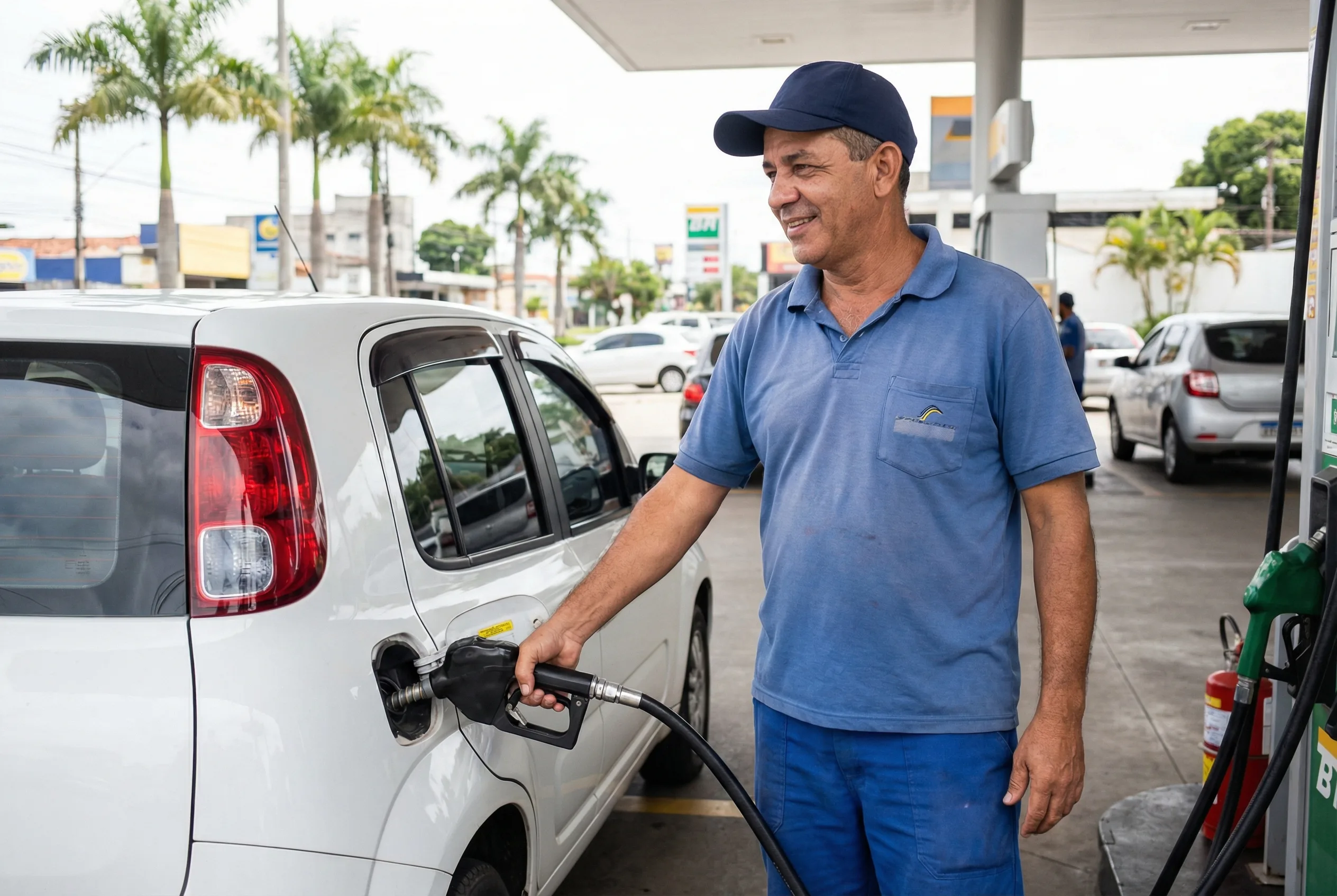 Trabalhador com EPI em posto de gasolina