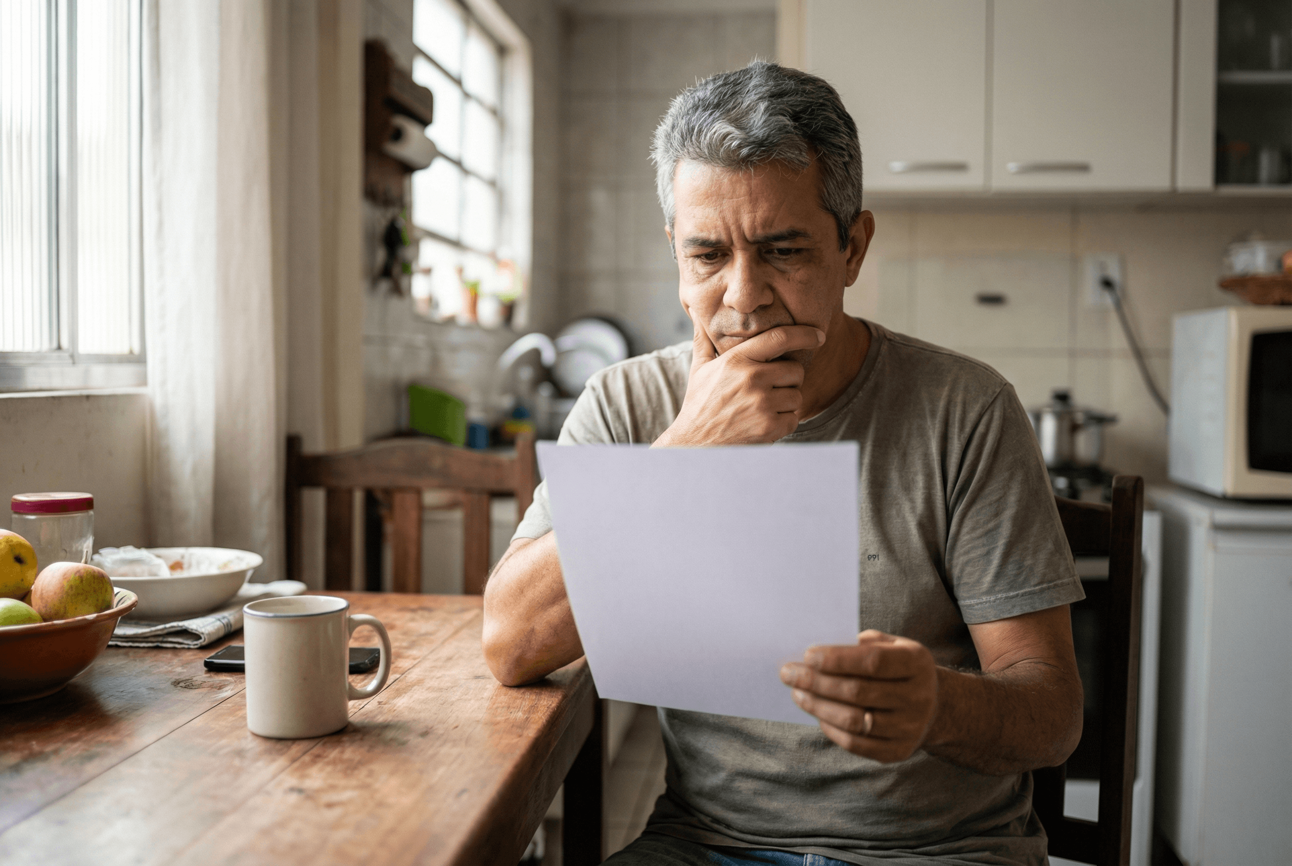 Trabalhador lendo carta de indeferimento do INSS sobre aposentadoria especial negada