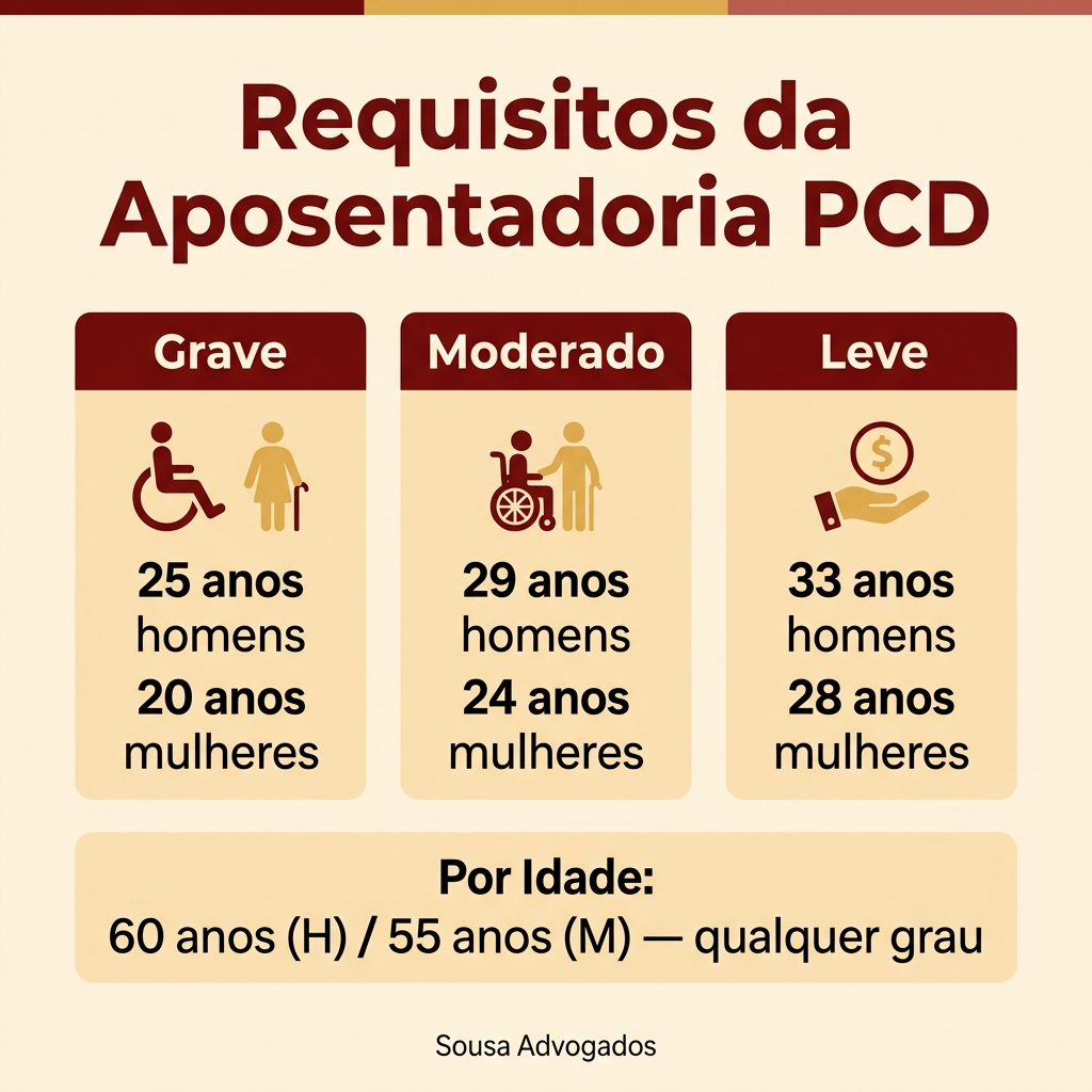 Tabela de requisitos da aposentadoria PCD por grau de deficiência
