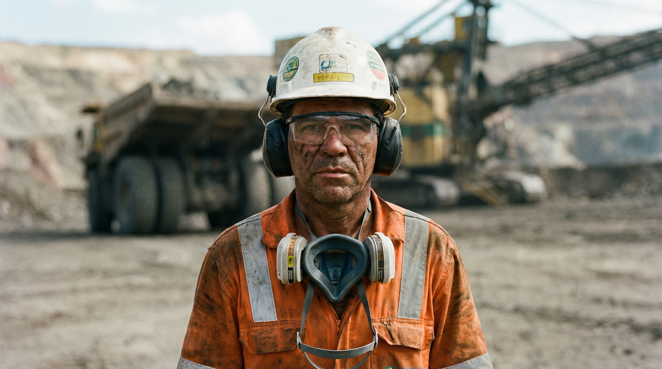 Trabalhador de mineração usando capacete e EPI completo