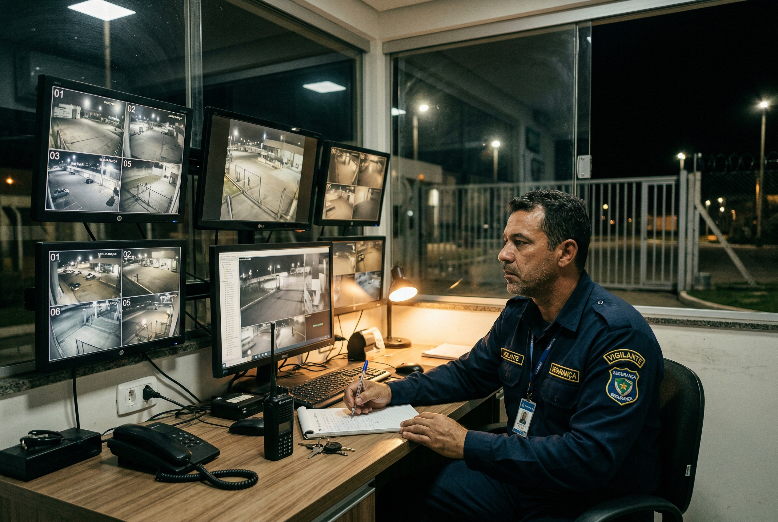 Vigilante monitorando câmeras em guarita — documentos para aposentadoria