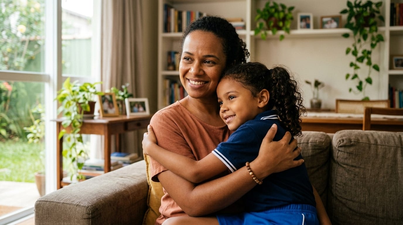 Mãe abraçando filho — pensão especial INSS para filhos de vítimas de feminicídio