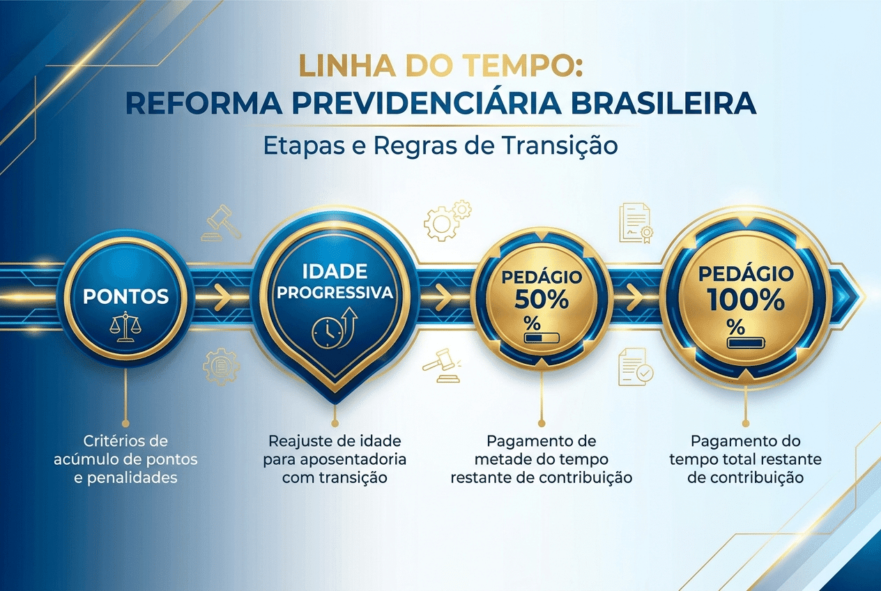 Infográfico com as 4 regras de transição da aposentadoria em 2026