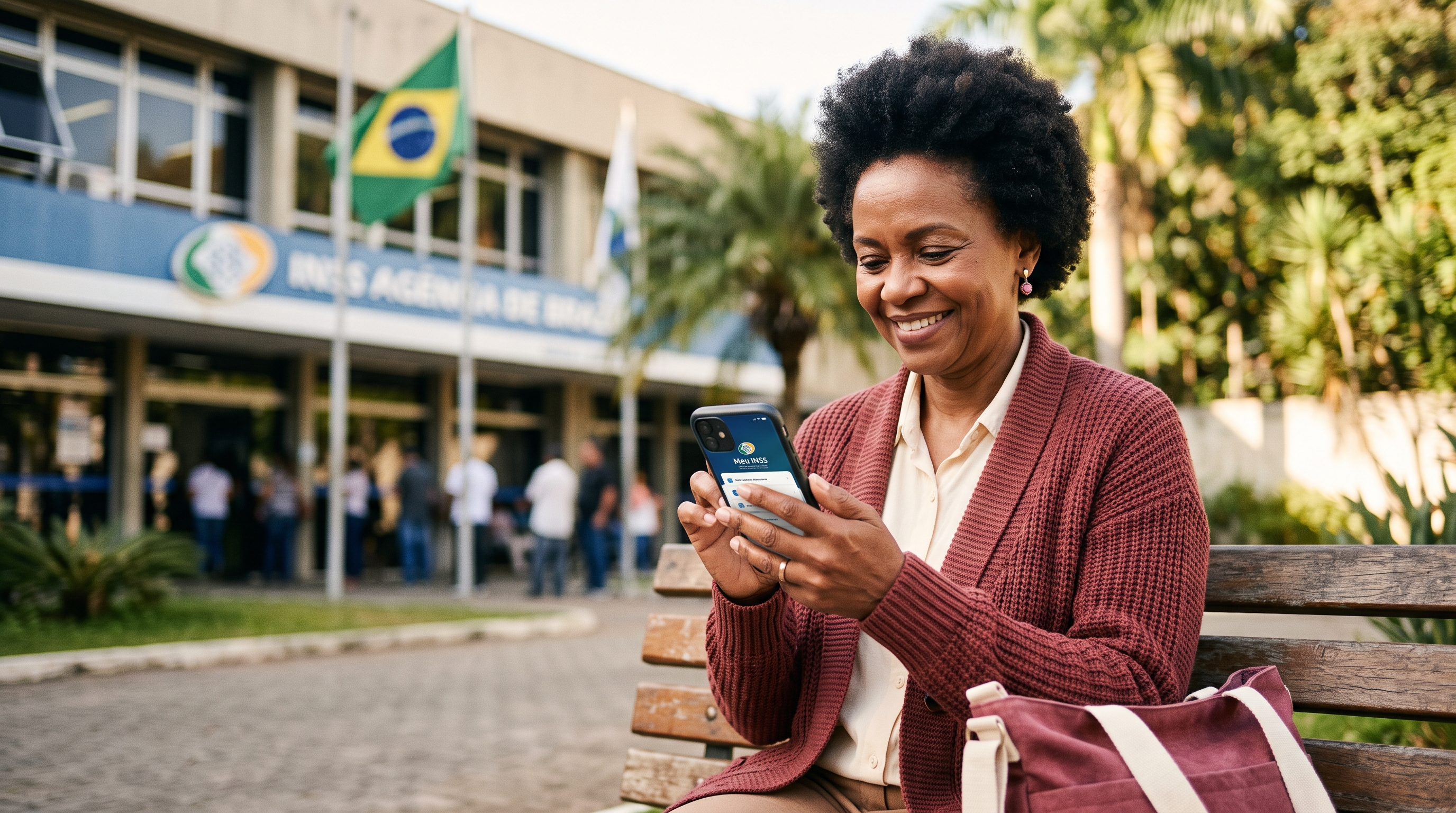 Pessoa usando o aplicativo Meu INSS no celular em frente a agência do INSS em Belém