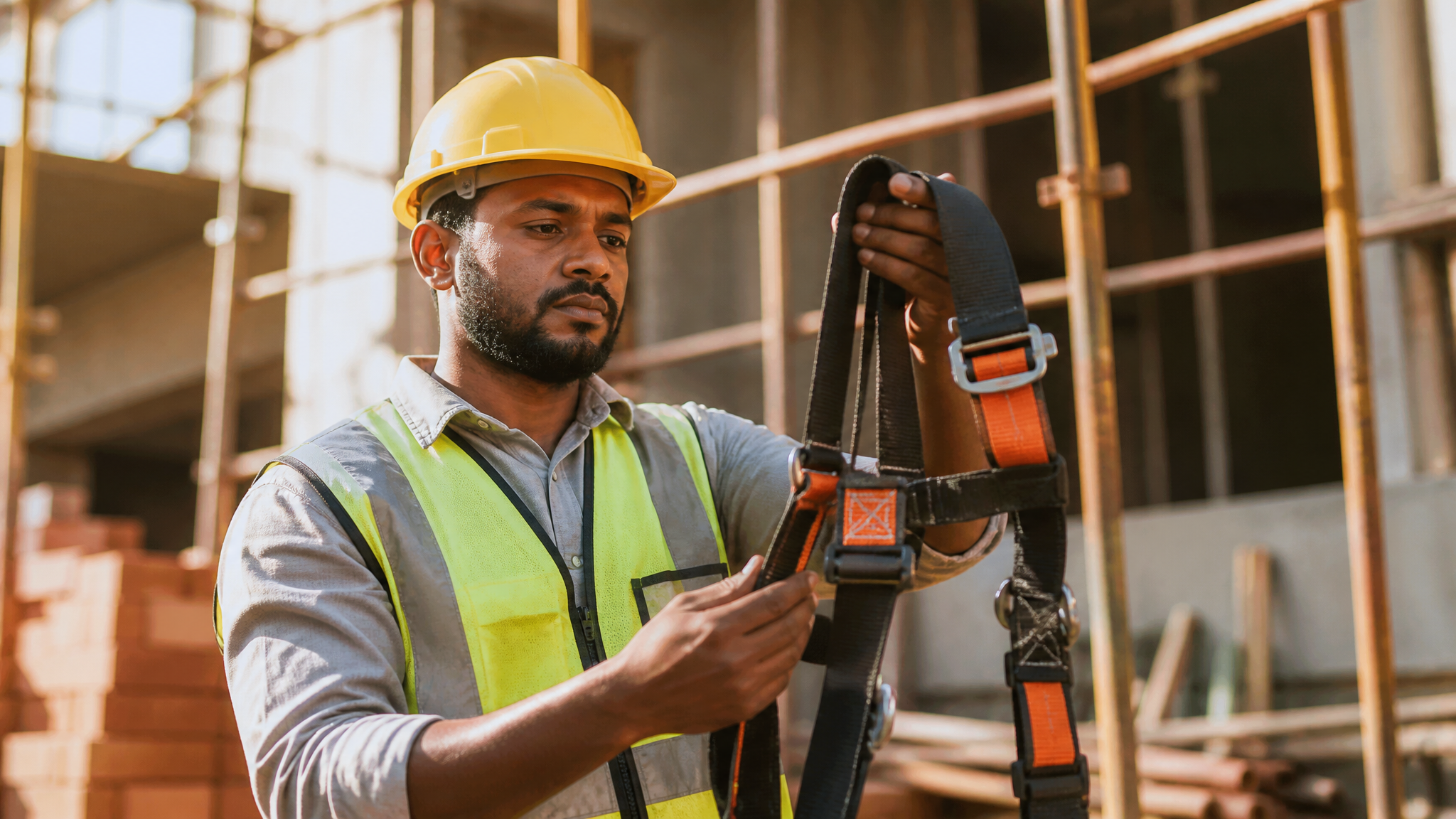 Trabalhador da construção civil verificando equipamento de proteção individual (EPI) em canteiro de obras