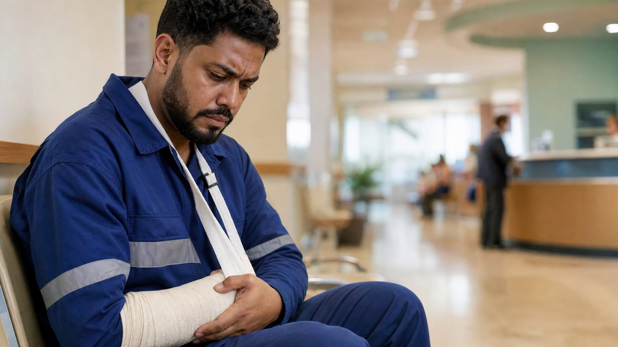 Trabalhador de uniforme azul com braço enfaixado em sala de espera de hospital após acidente de trabalho
