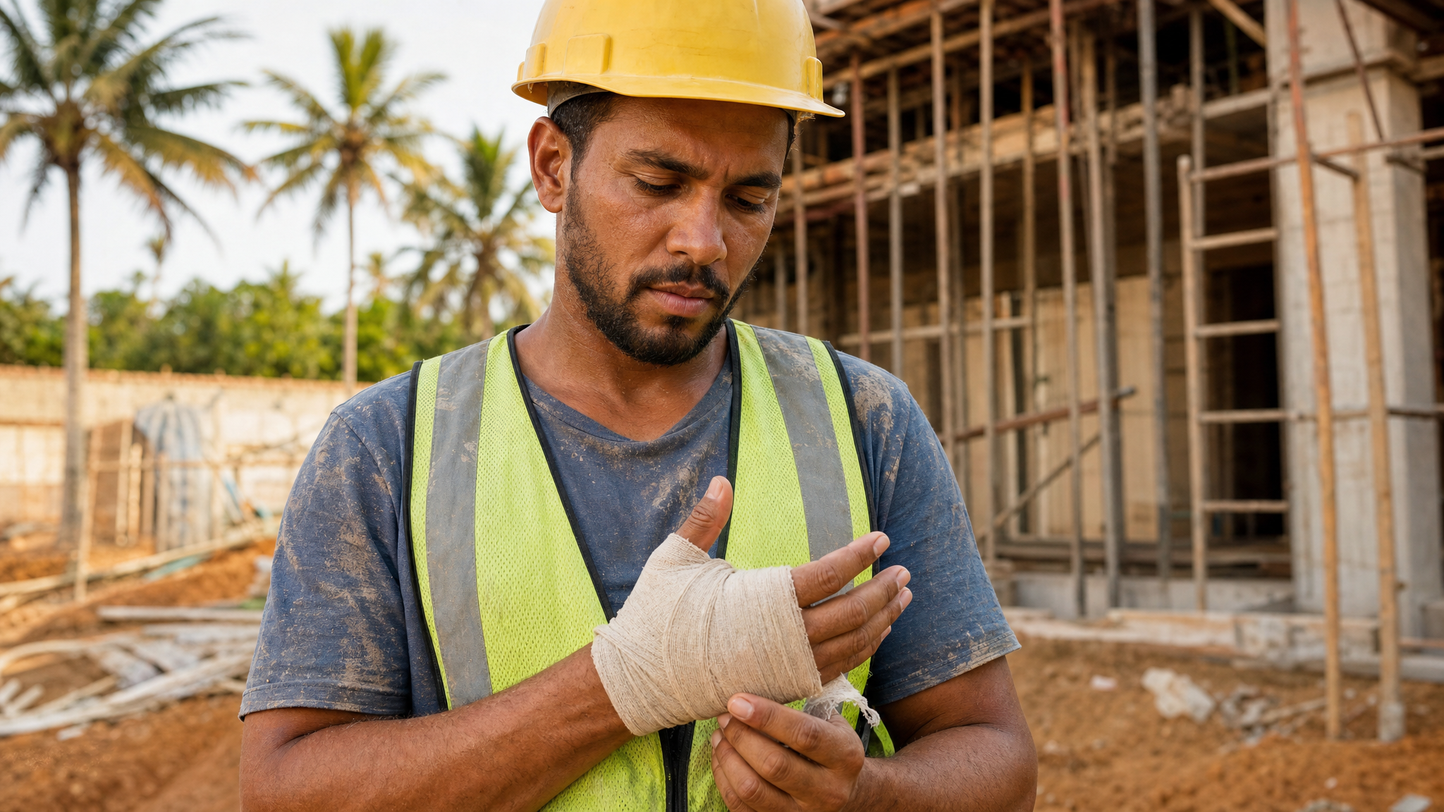 Trabalhador de construção civil com mão enfaixada após acidente de trabalho em canteiro de obras