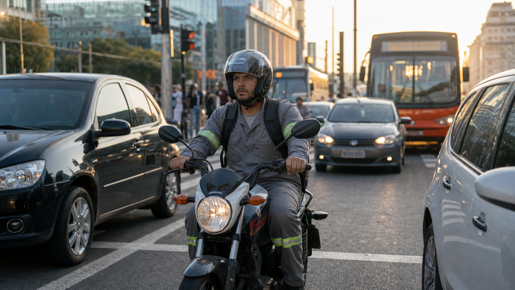 Trabalhador de moto no trânsito urbano durante trajeto para o trabalho