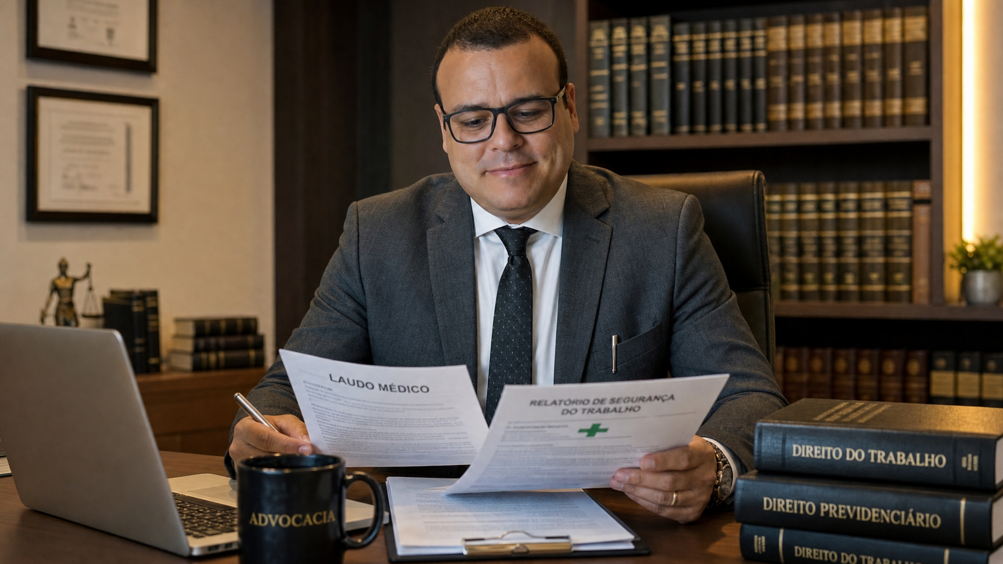 Advogado trabalhista analisando documentação de doença ocupacional