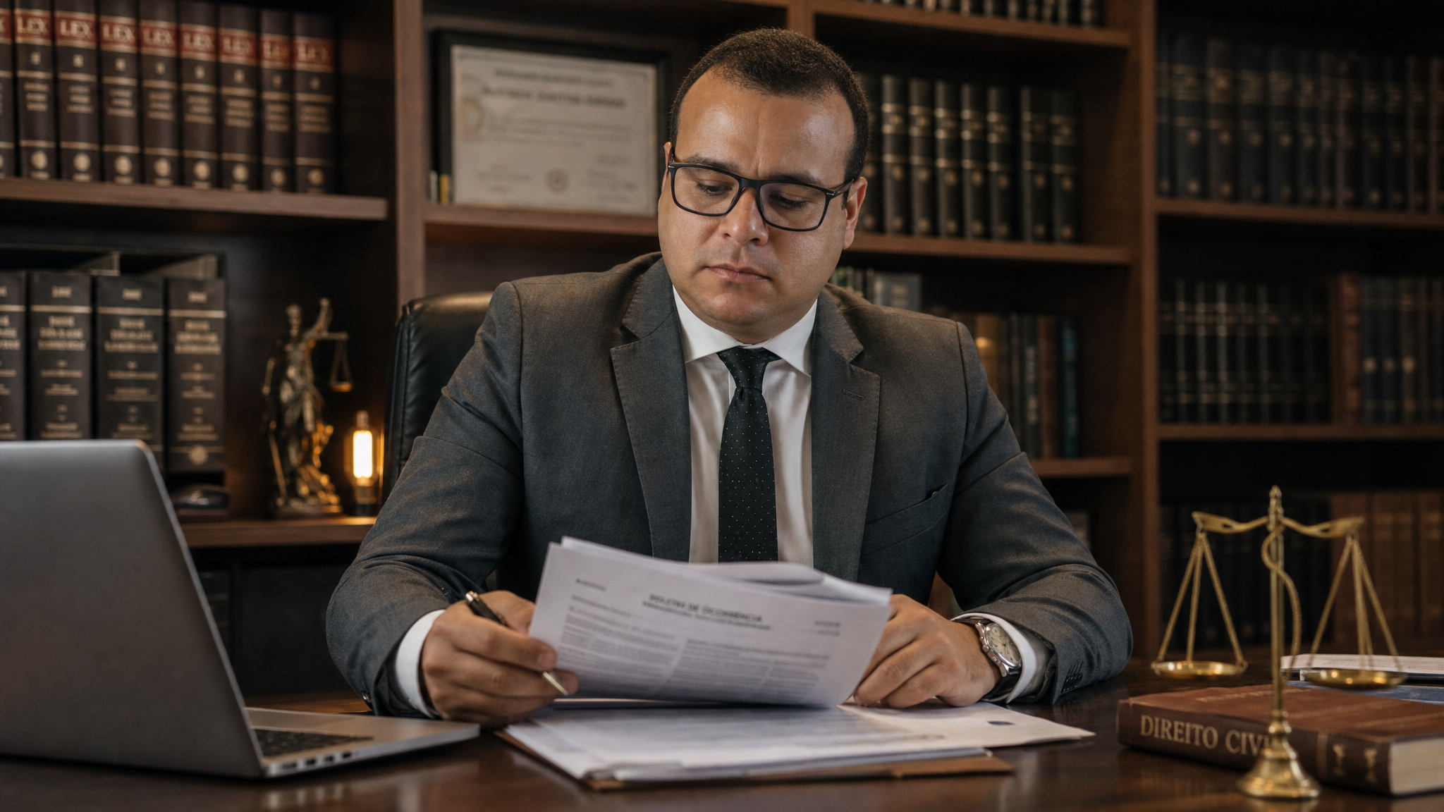 Advogado trabalhista analisando documentação de caso de acidente de trajeto