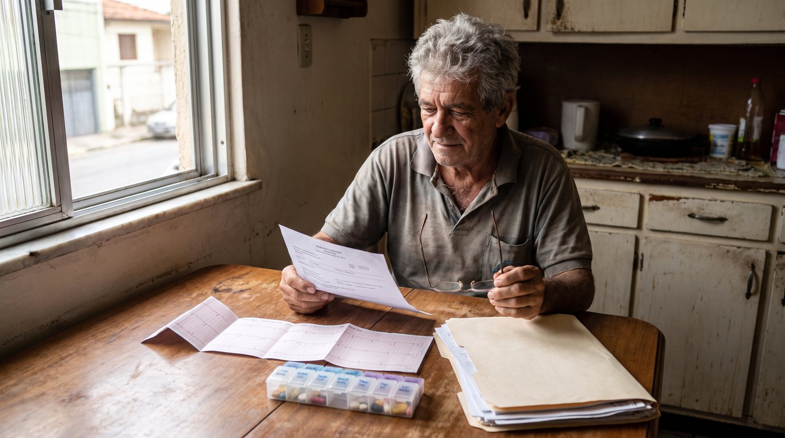 Aposentado com cardiopatia grave analisando laudo e eletrocardiograma para pedir isenção de imposto de renda