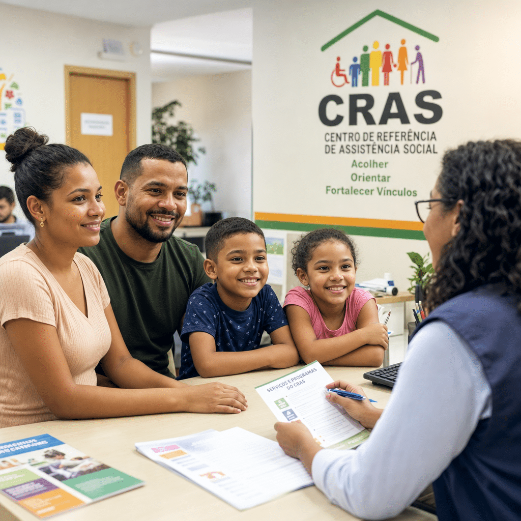Família em consulta com assistente social no CRAS para solicitar BPC autismo