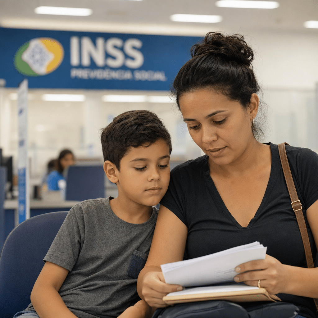 Mãe e filho aguardando atendimento do INSS para pedido de BPC por deficiência intelectual