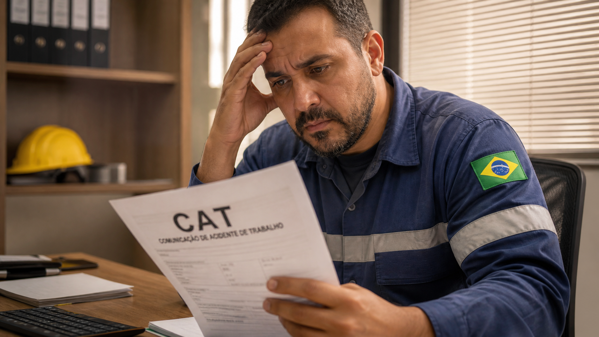 Trabalhador segurando documentação de CAT para registrar acidente de trabalho