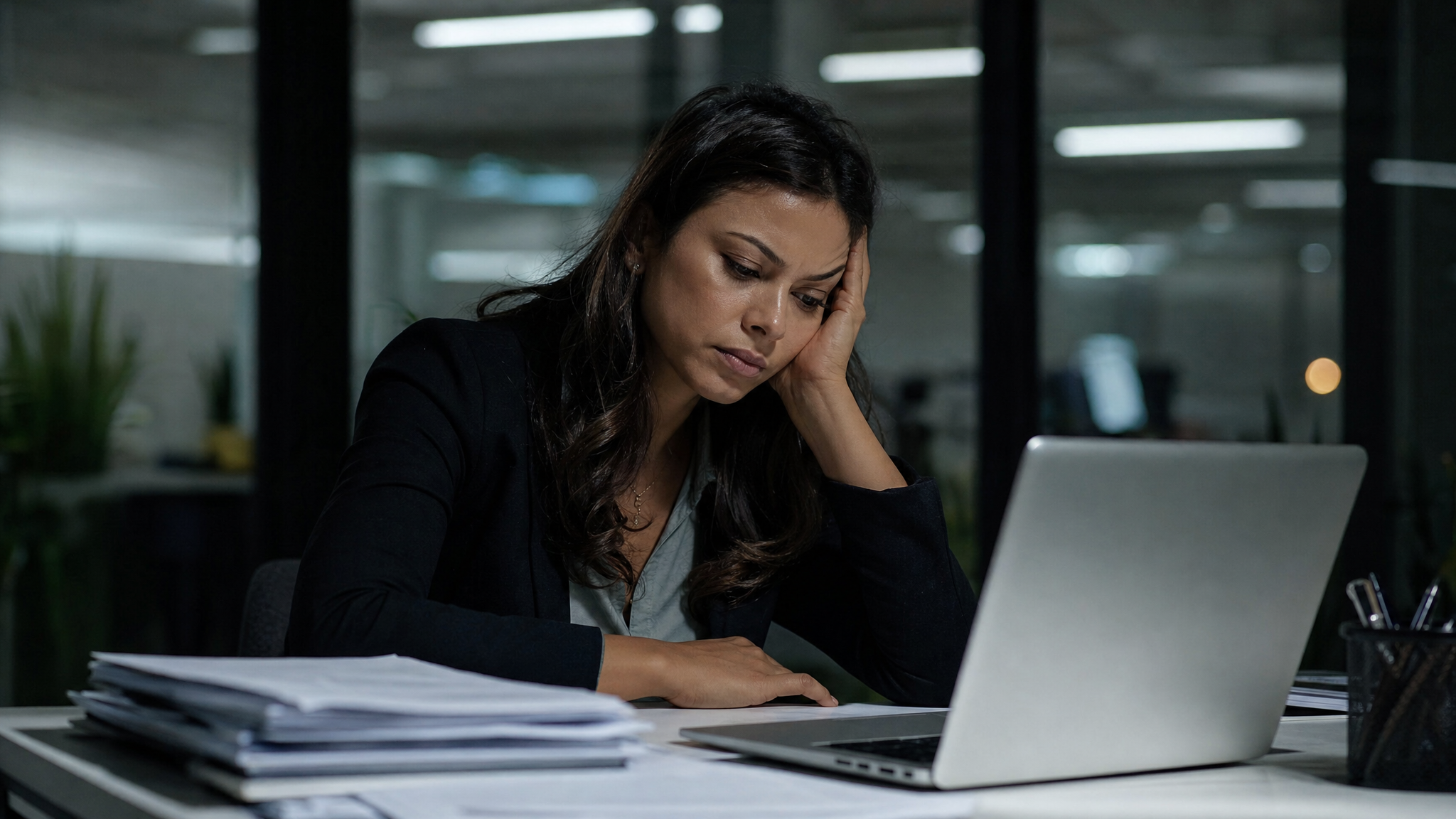 Mulher com sinais de exaustão emocional no ambiente de trabalho