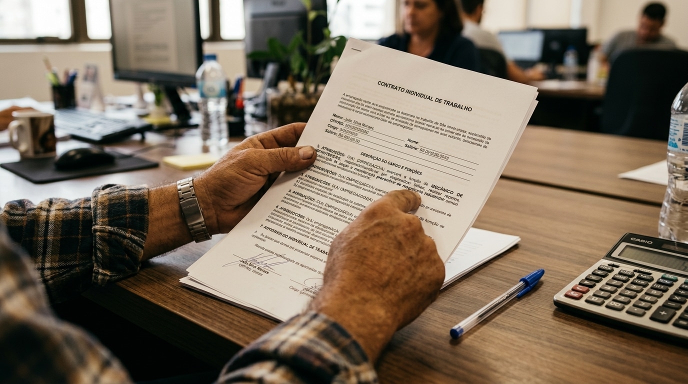 Mãos analisando contrato de trabalho para identificar desvio de função