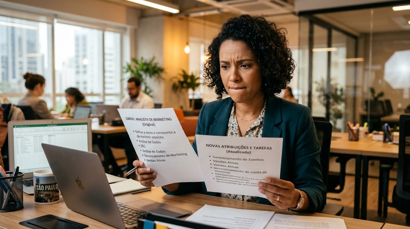 Profissional analisando documentos para provar desvio de função no trabalho