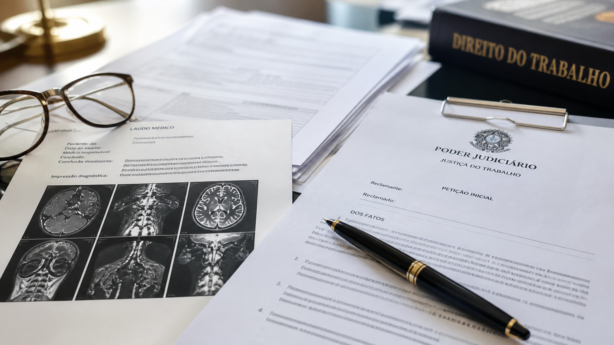 Documentos médicos e formulários de perícia sobre mesa de escritório para processo de indenização por acidente de trabalho