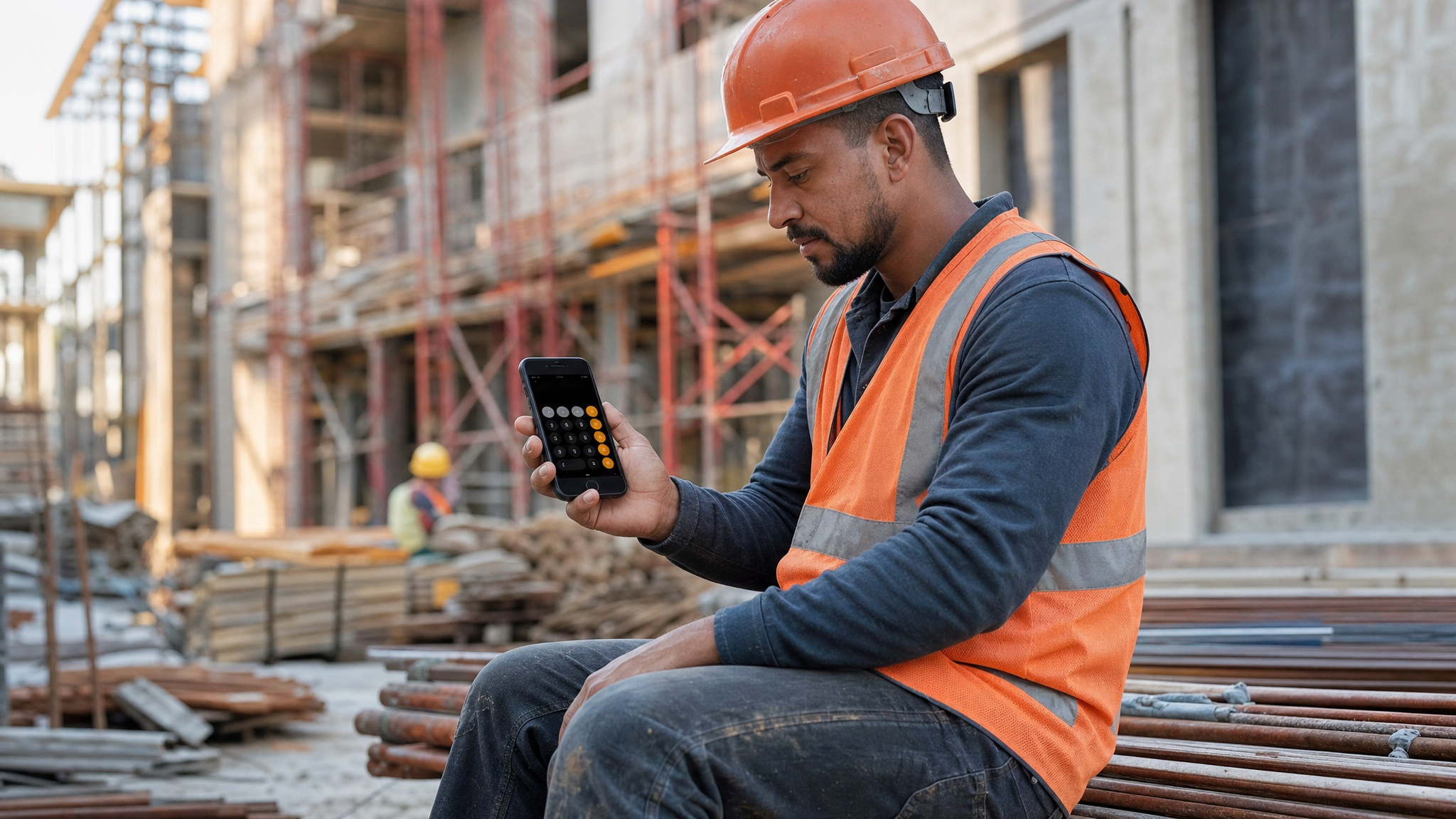 Trabalhador usando celular para calcular indenização por acidente de trabalho