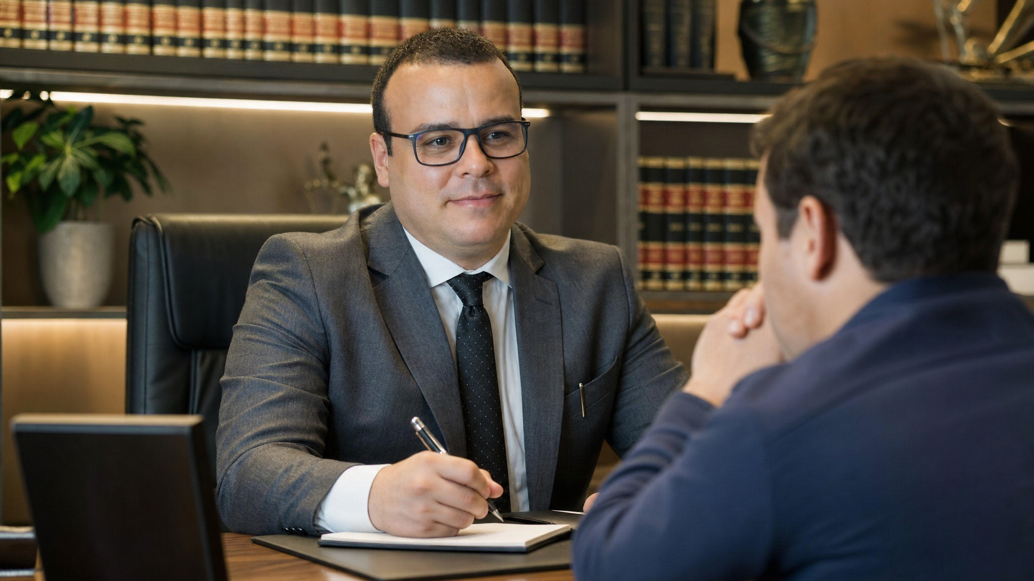 Advogado Jonas Sousa em seu escritório consultando cliente sobre direitos trabalhistas após acidente de trabalho