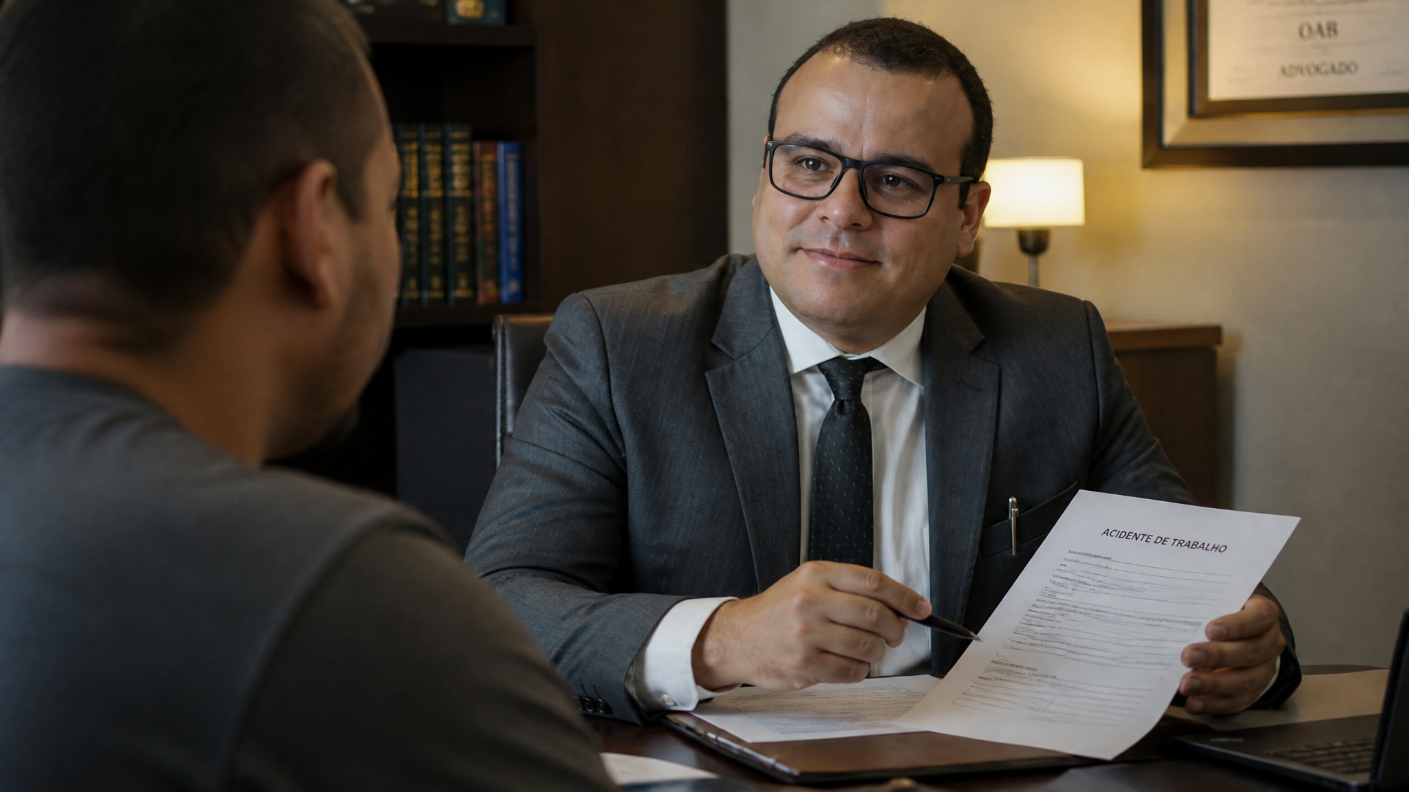 Advogado orientando cliente sobre direitos após acidente de trabalho e emissão de CAT