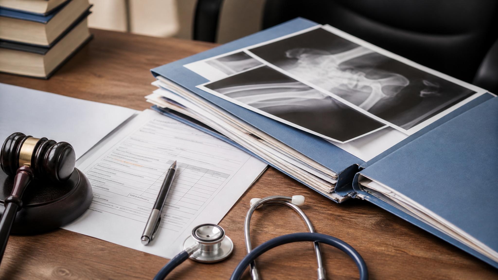 Pasta com documentos de prova para processo trabalhista de acidente de trabalho, incluindo laudos médicos e fotos
