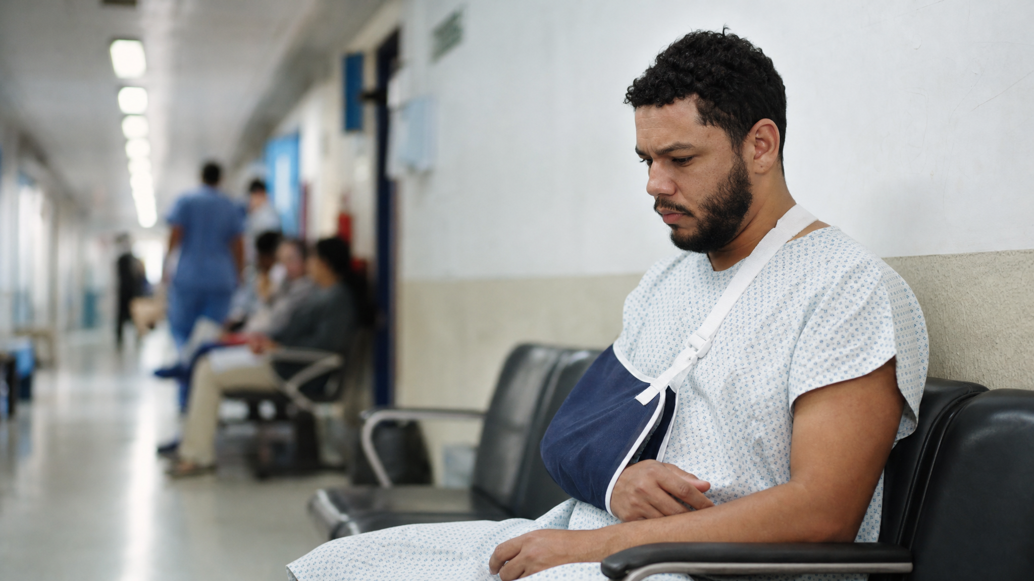 Trabalhador após acidente de trabalho no hospital, com braço imobilizado
