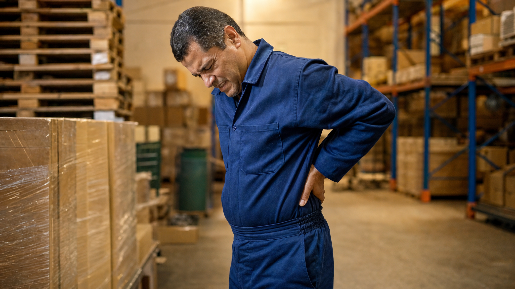 Trabalhador com dor na coluna no ambiente de trabalho