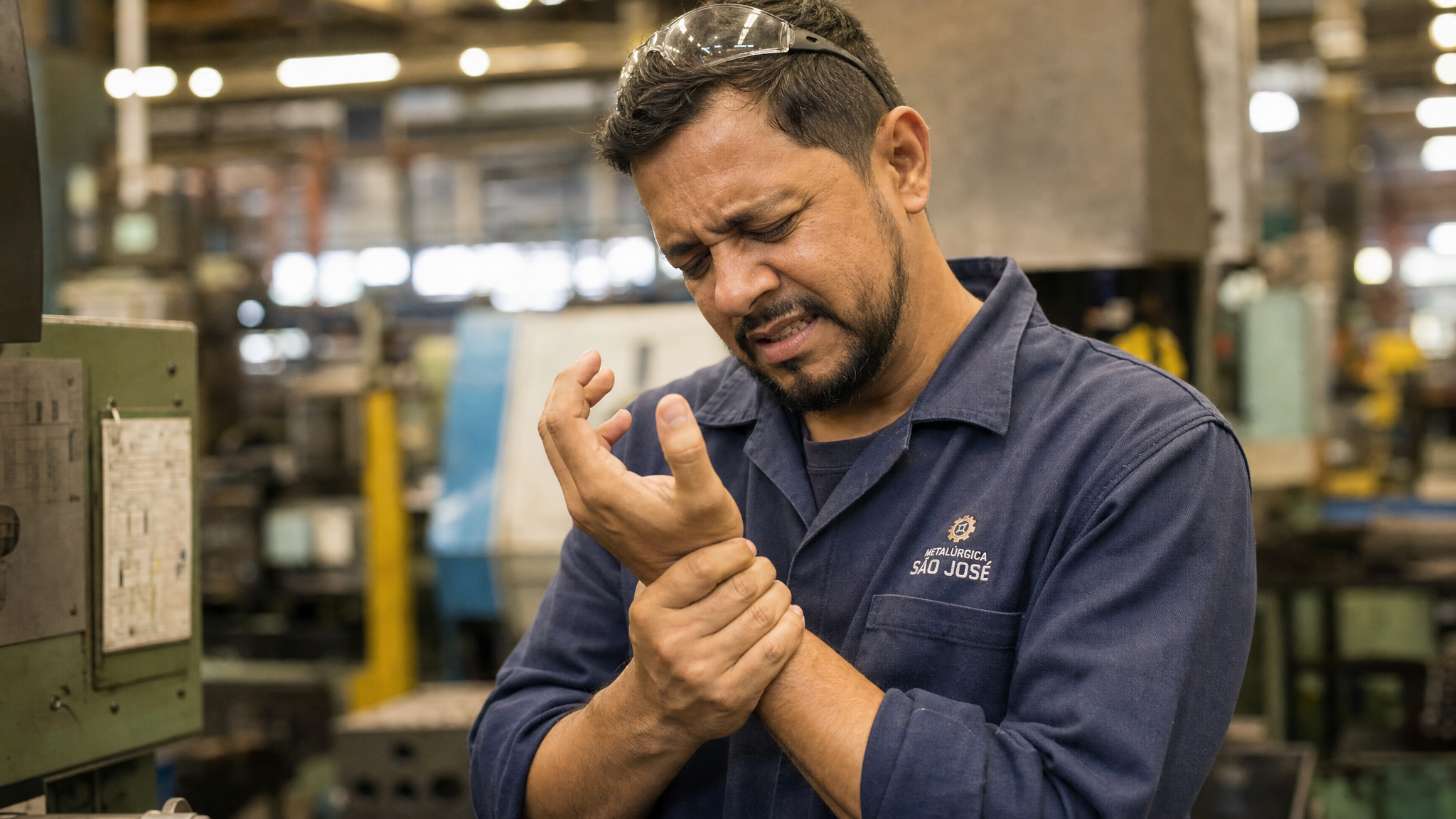 Trabalhador com dor no pulso causada por esforço repetitivo no trabalho