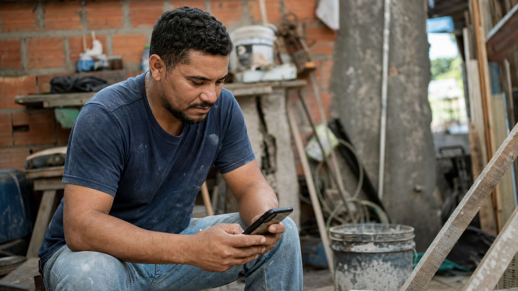 Trabalhador sem carteira assinada verificando celular após acidente de trabalho